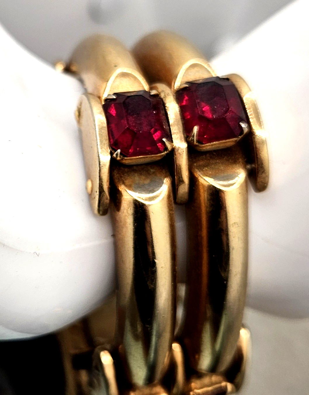 VTG Art Deco Bracelet Gold Plated Red Glass Domed Bar Tank Link Safety Chain