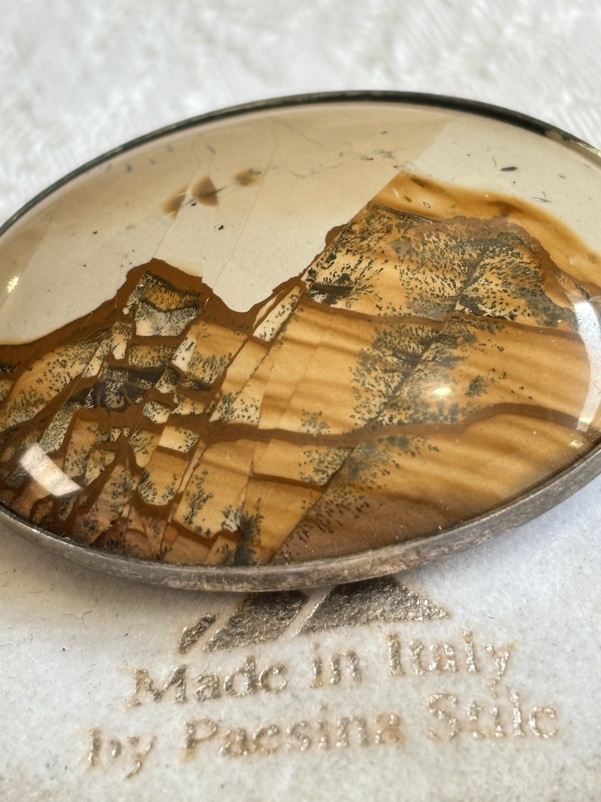 Vintage Picture Jasper Pin Landscape Brooch Tuscany Paesina Stone Italy UNUSED