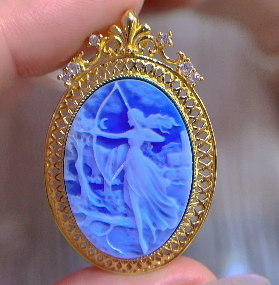 vintage Cameo Brooch pendant blue agate silver antique jewelry anniversary gift