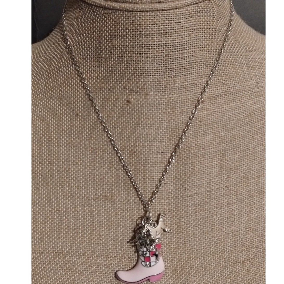 Dainty Silver Tone Chain Charm Necklace Cowgirl Boot Horse Charms