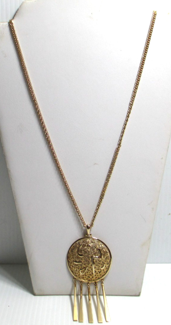 Vintage Boho Necklace Gold-tone Metal Filigree Medallion Dangling Bar Tassels