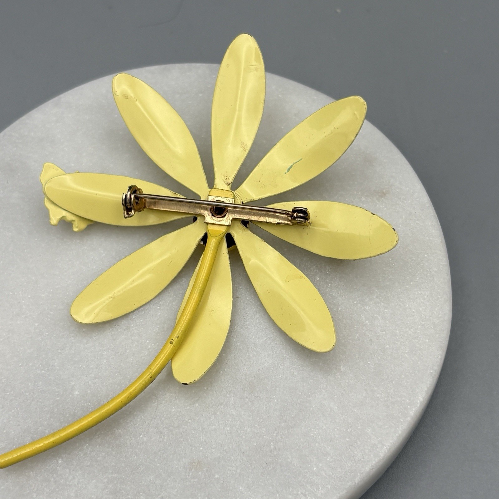 Vintage Enamel Flower Brooch with Butterfly Cheery Yellow Statement PIn