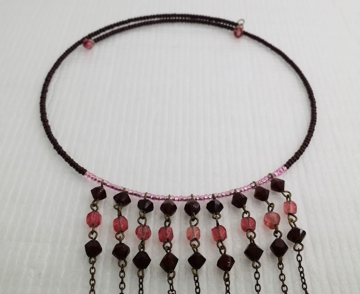 Vintage Coil Wire Beaded Fringe Choker Necklace
