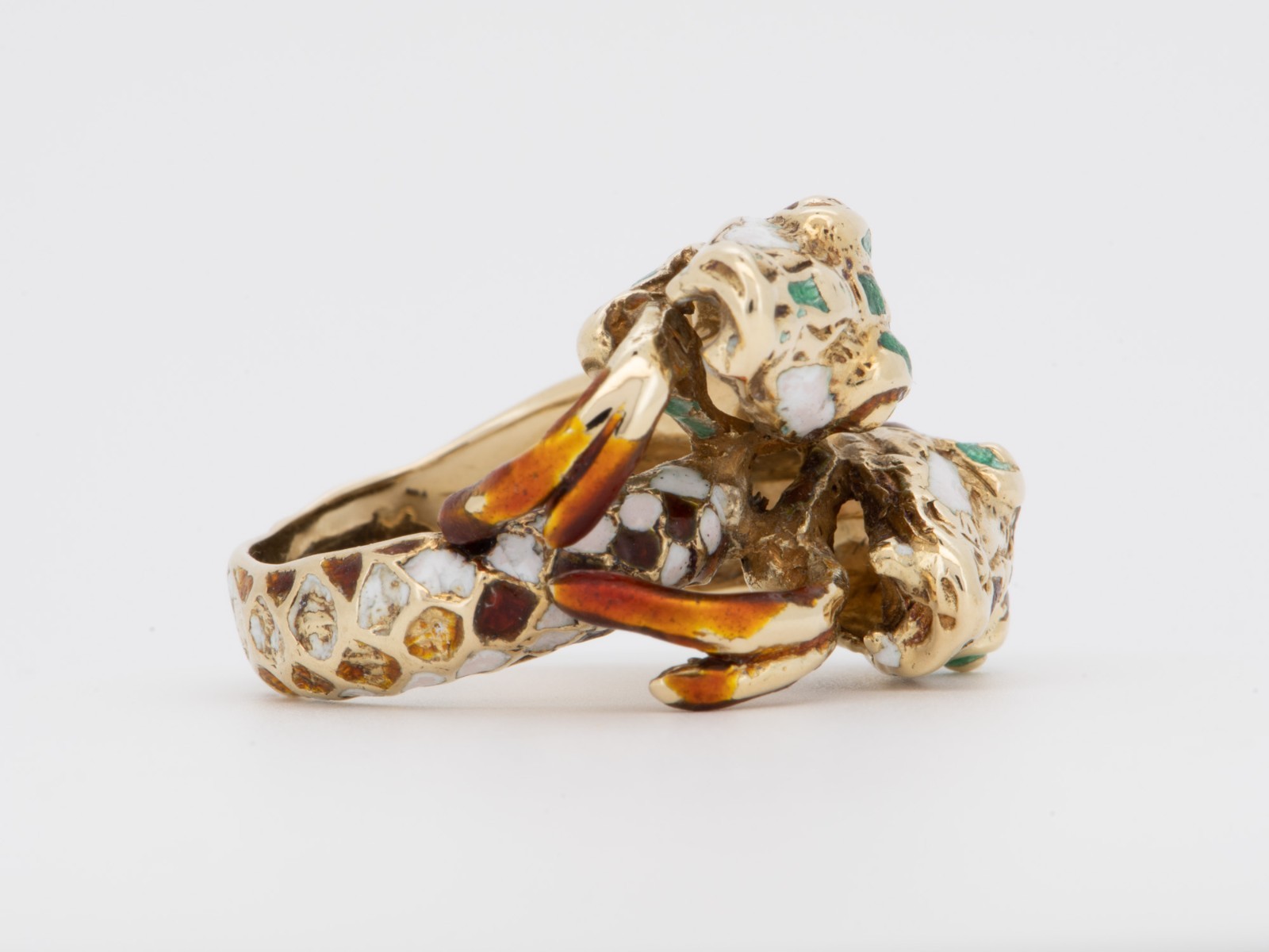 14K Gold Double Head Serpent Snake Ring with Enamel Tongue Heavy V1236