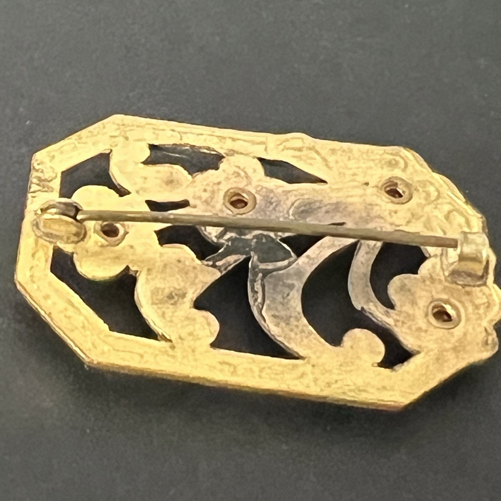 Art Deco Rectangle Floral Openwork Flower Brooch Rhinestones Antique Vtg Old Pin