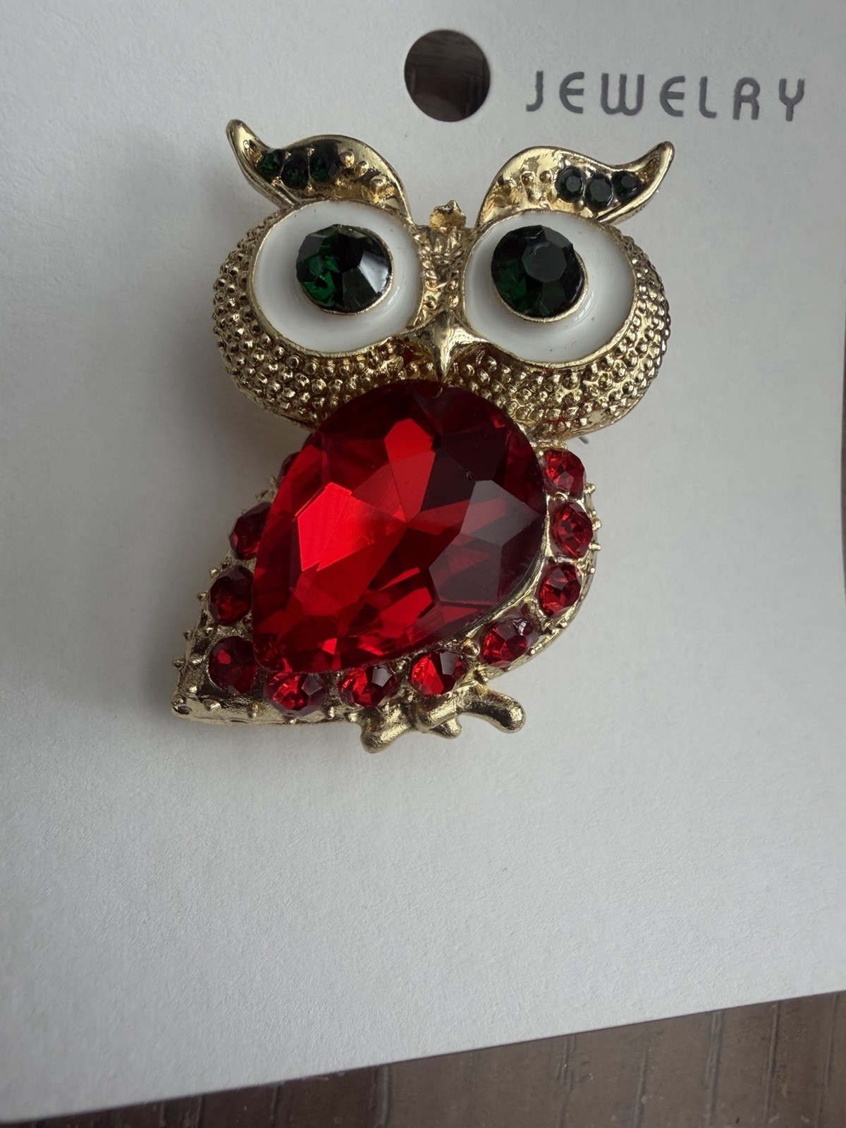 Retro Big Eyed Owl Brooch Red Rhinestone Fashion Pin Vintage Style