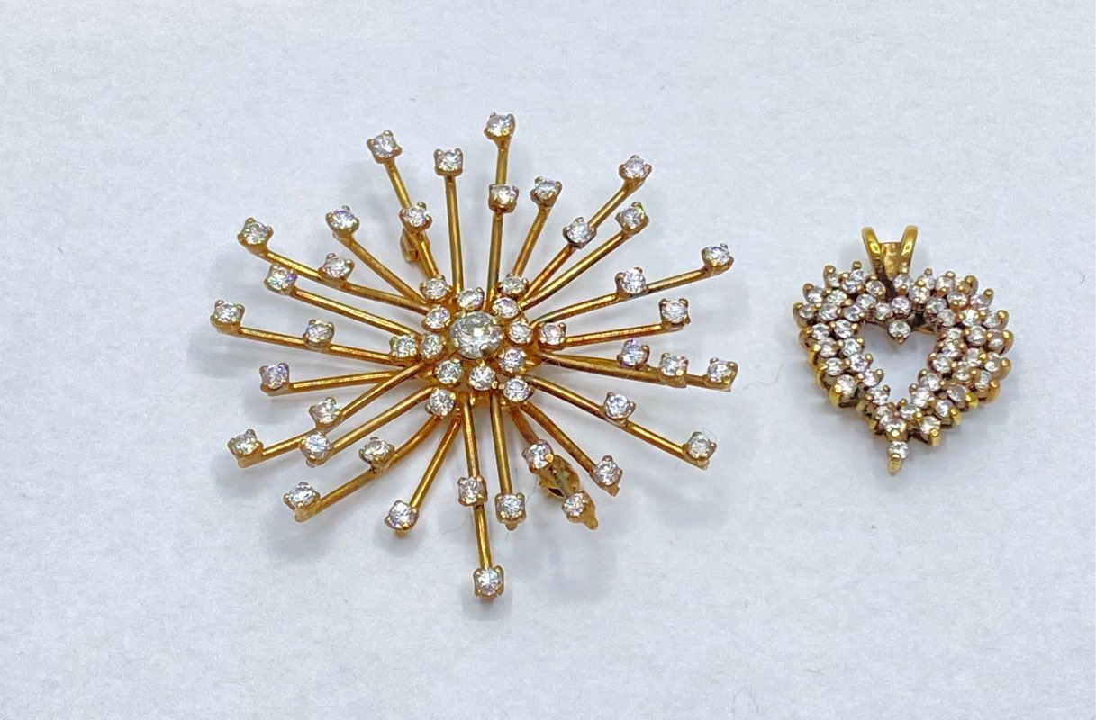 Vintage 925 Sterling Silver Gold Vermeil CZ Starburst Brooch Heart Pendant Set