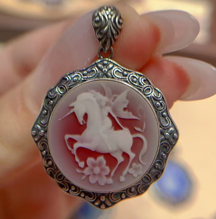 vintage Cameo pendant horse Red agate silver antique jewelry anniversary gift