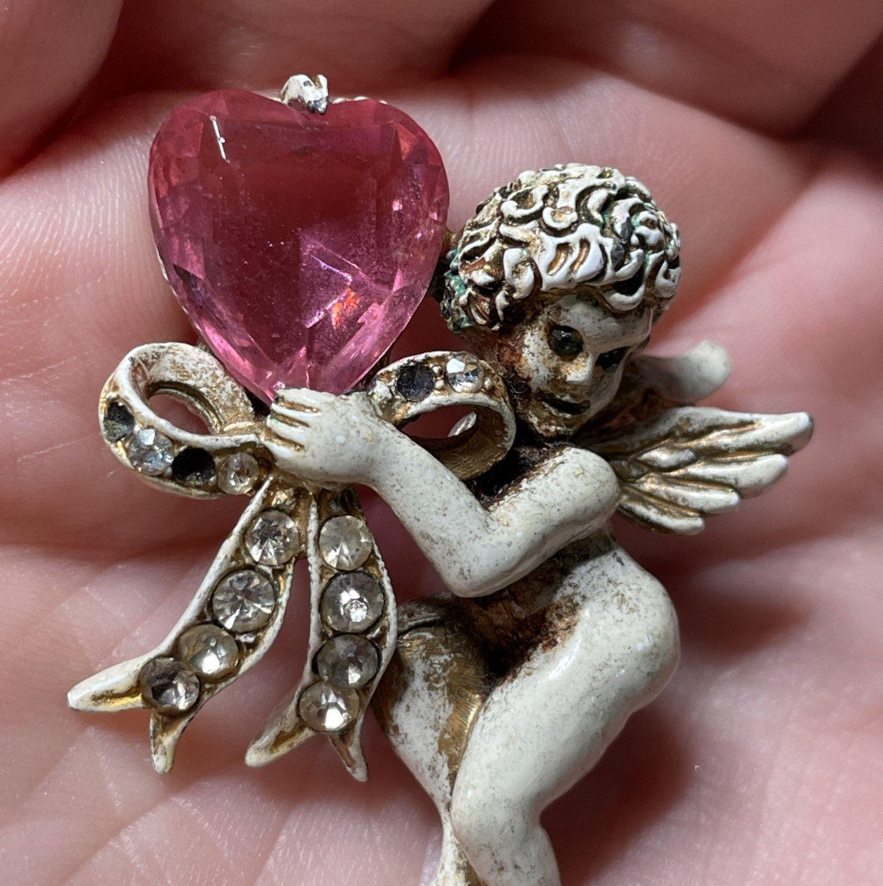 Vintage Florenza Pink Crystal Jeweled Heart white Tone Cherub Angel Pin Brooch