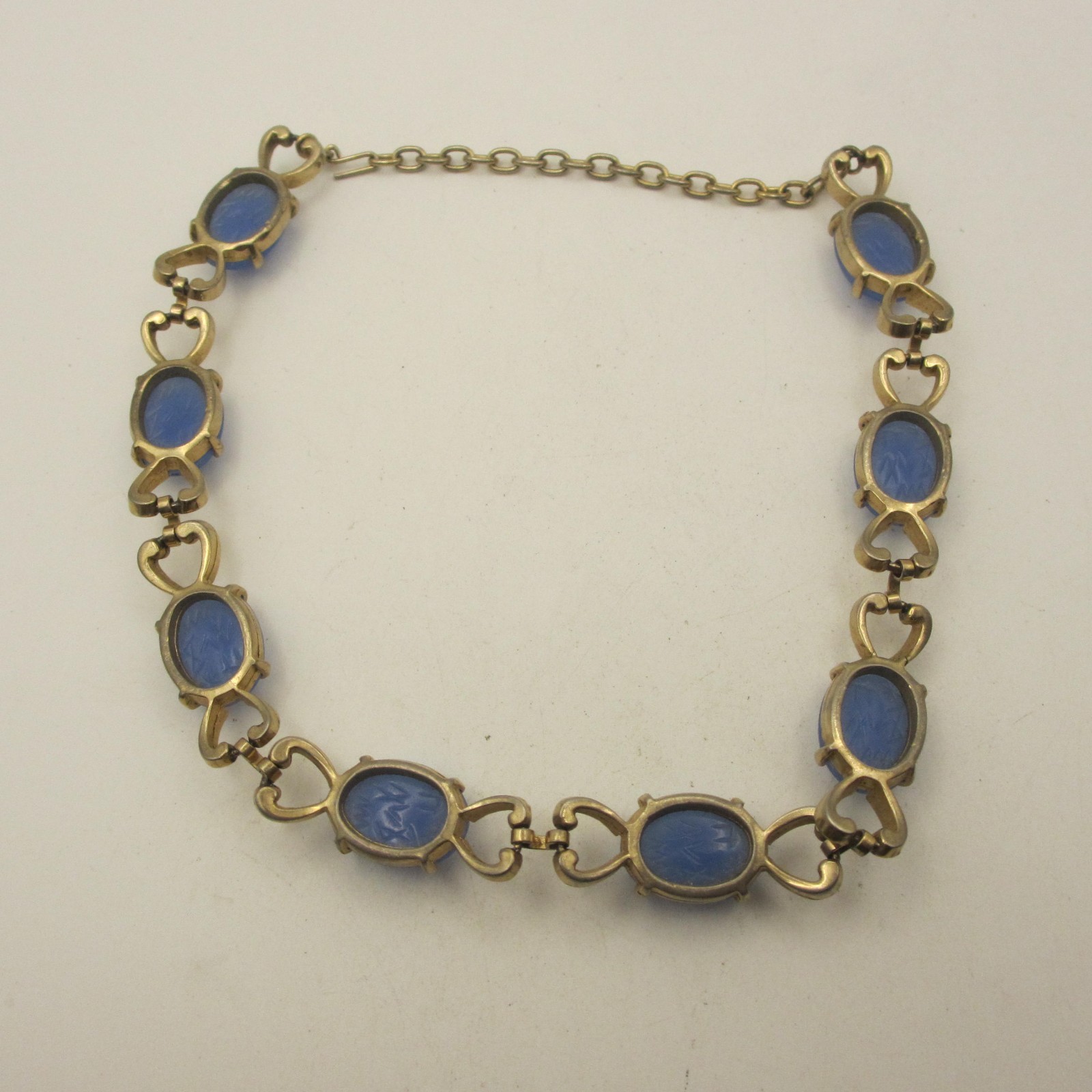 Vintage Scarab Necklace Egyptian Revival Blue Glass Gold Tone Choker 15 Inch