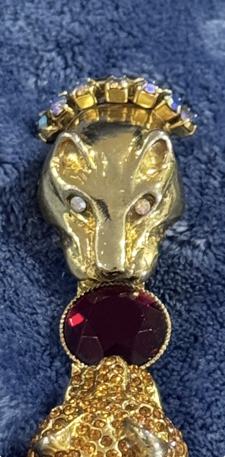Vintage ST. JOHN Signed Double Panther Head Rhinestone Bar Brooch Pin Gold Plate