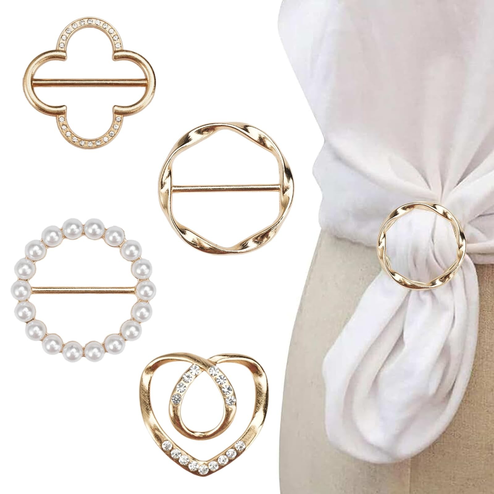 4PCS Metal Scarf Ring Clips – T-Shirt Tie Clips for Women, Fashion Shirt Buckle