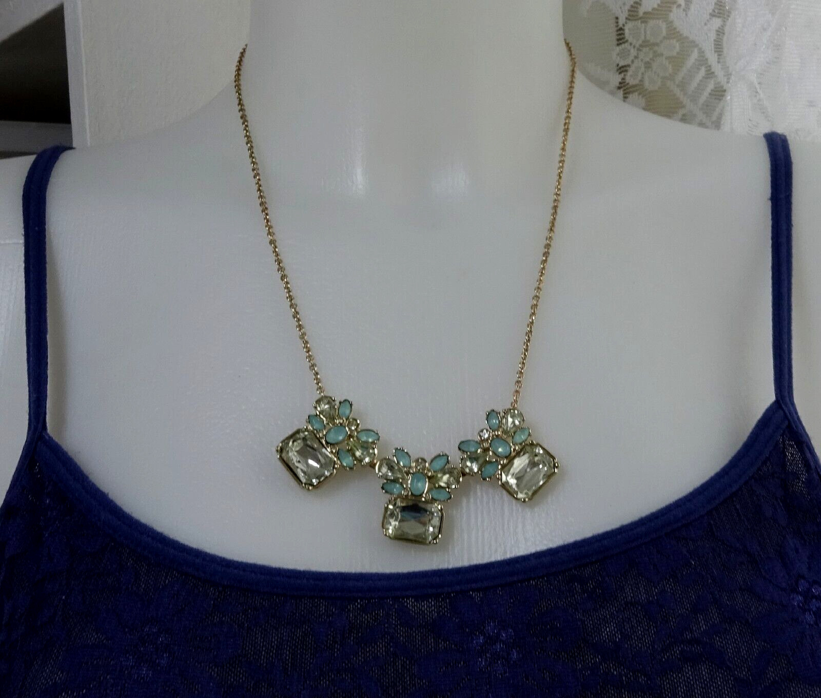 Fancy Banana Republic Pendant Necklace with Clear and Light Blue Lucite Settings