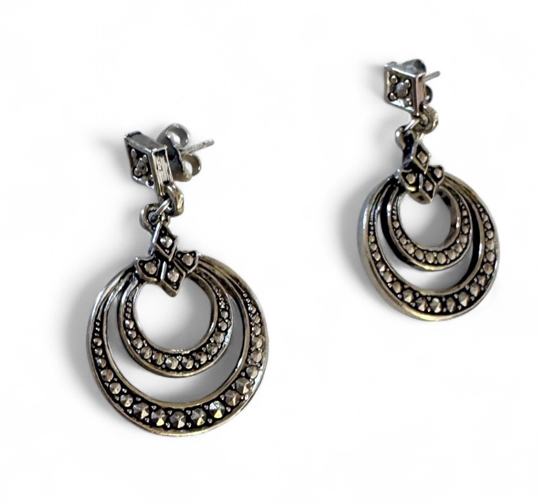 Vintage Marcasite Dangle Earrings Pierced – Retro 1940s Style Silver Ribbon