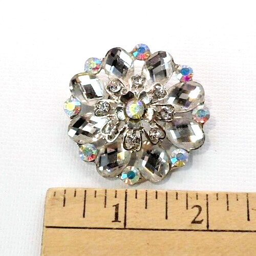 Vintage Clear Faceted & Aurora Borealis AB Crystal 2″ Round Cluster Brooch