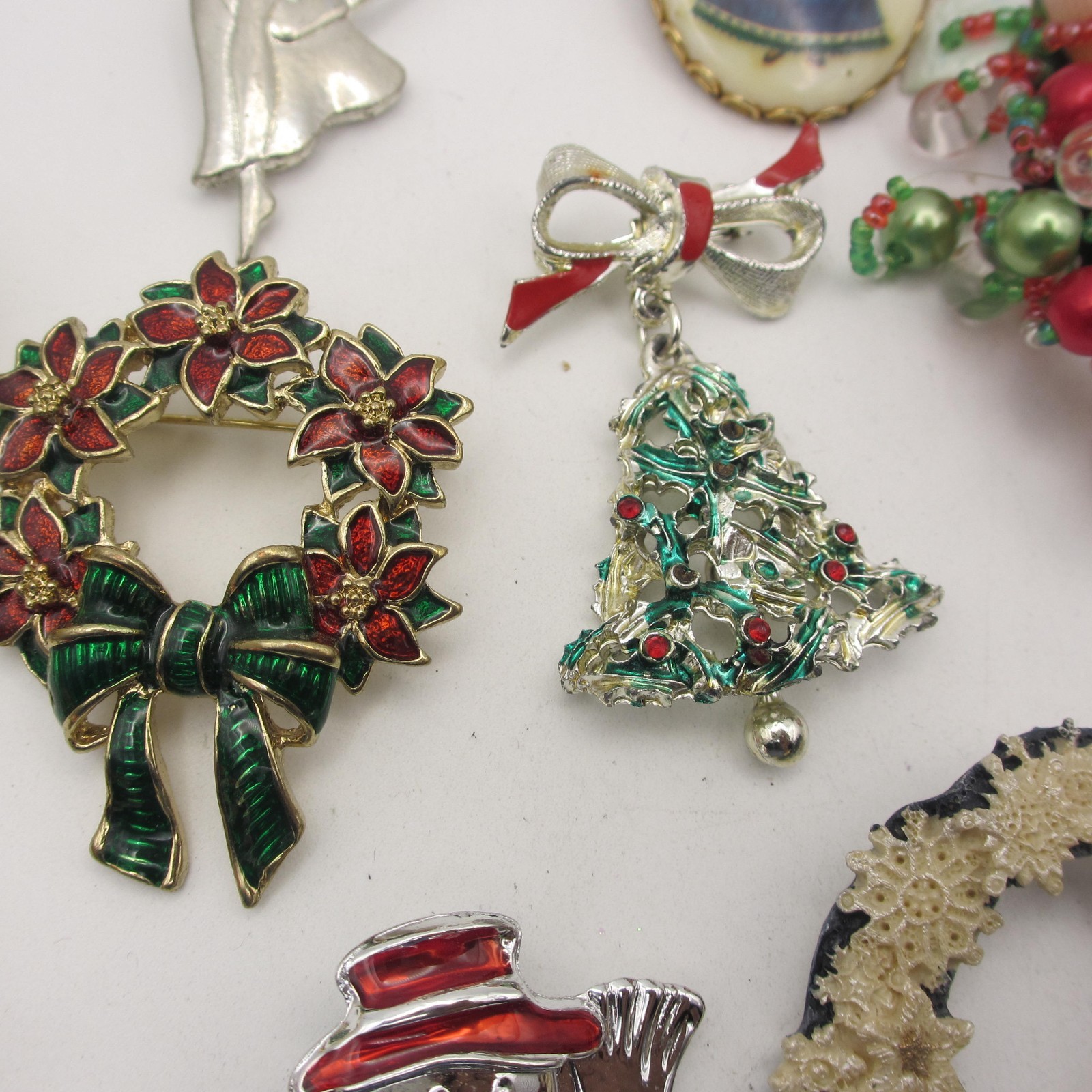 Vintage Christmas Jewelry Lot Angel Snowman Tree Wreath Ornament Star