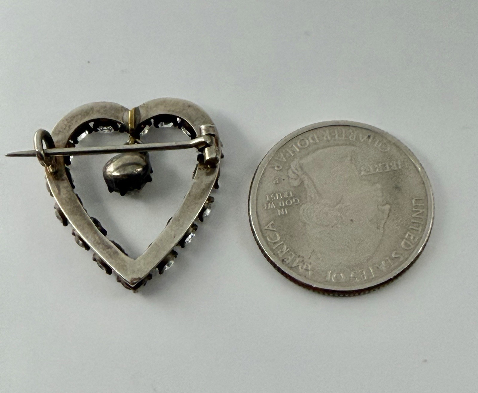 Antique Victorian Clear Paste Stones Heart Silver Brooch & Paste Dangle Center