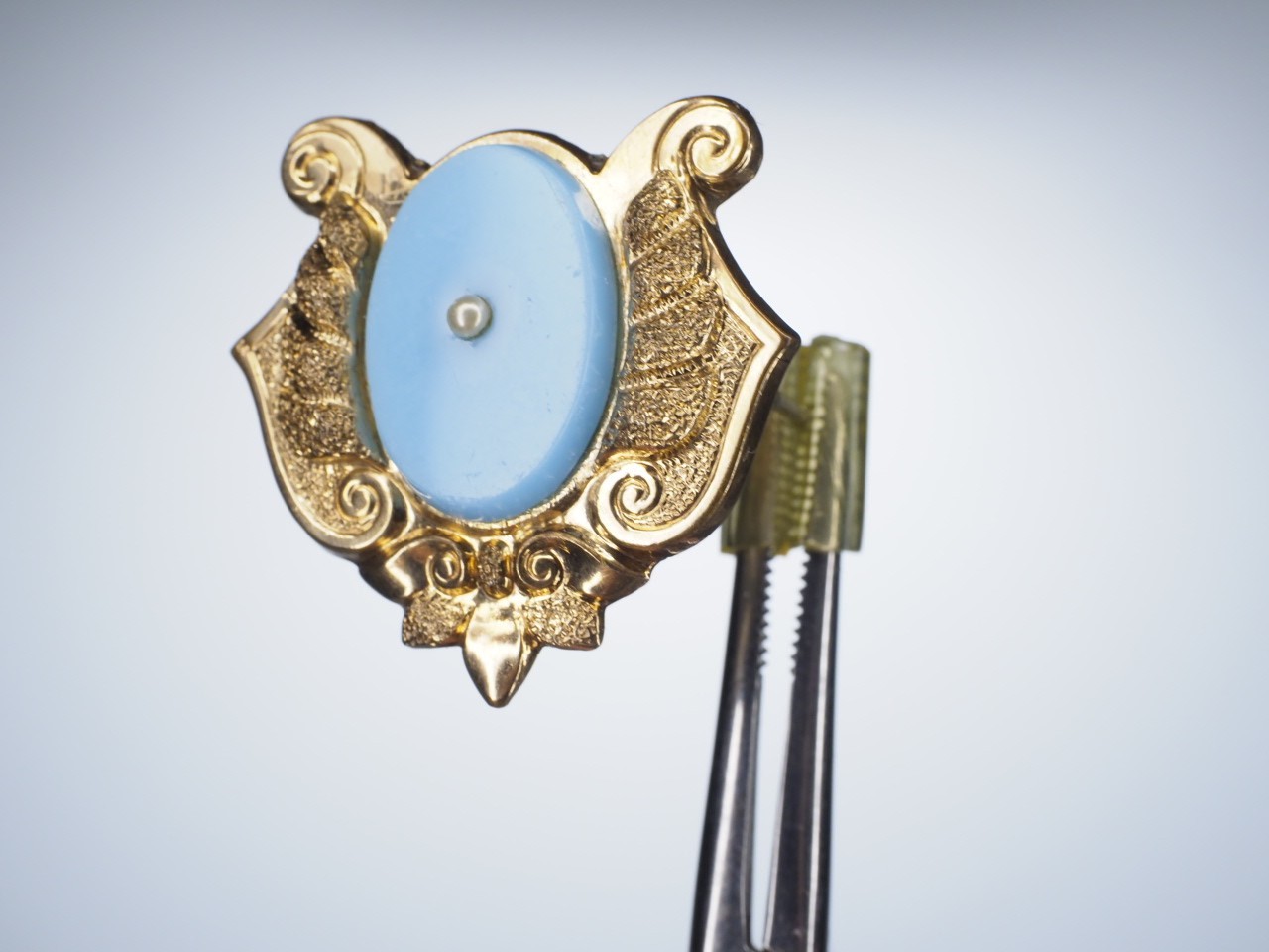 Antique gold brooch blue opaline glass hollow pin tube hinge C-clasp jewelry