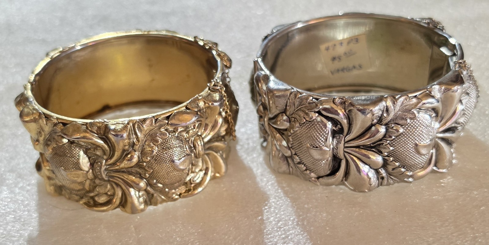 Vintage signed Vargas Whiting & Davis High Relief Hinged Cuff Bracelets