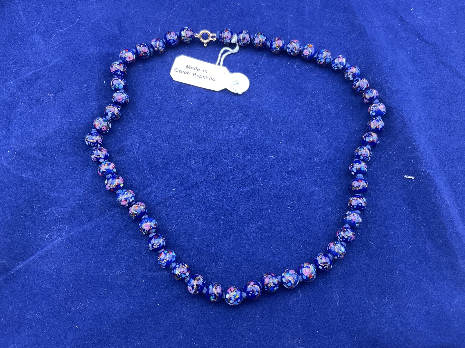 vintage Czech Venetian style glass bead necklace navy blue 17″
