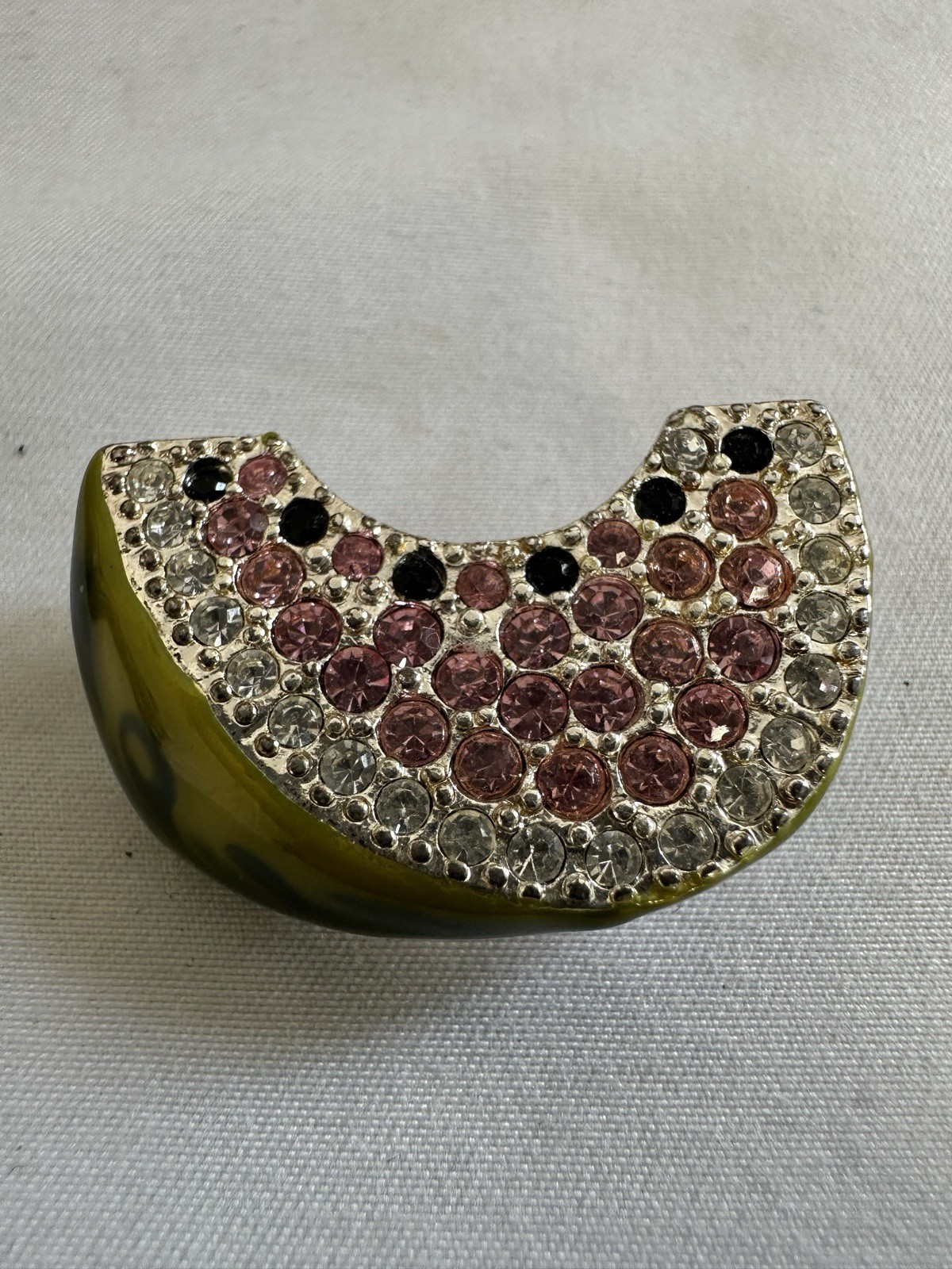 Monet Signed Vintage Enamel Rhinestone Watermelon Brooch Pin Silver Tone