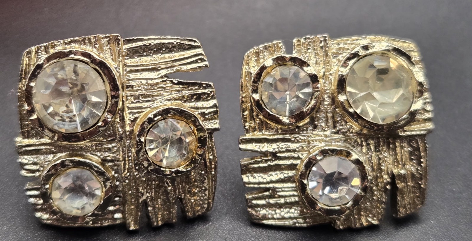 Vintage Modernist Textured Gold Tone Square ClipOn Earrings Clear Crystals 80s