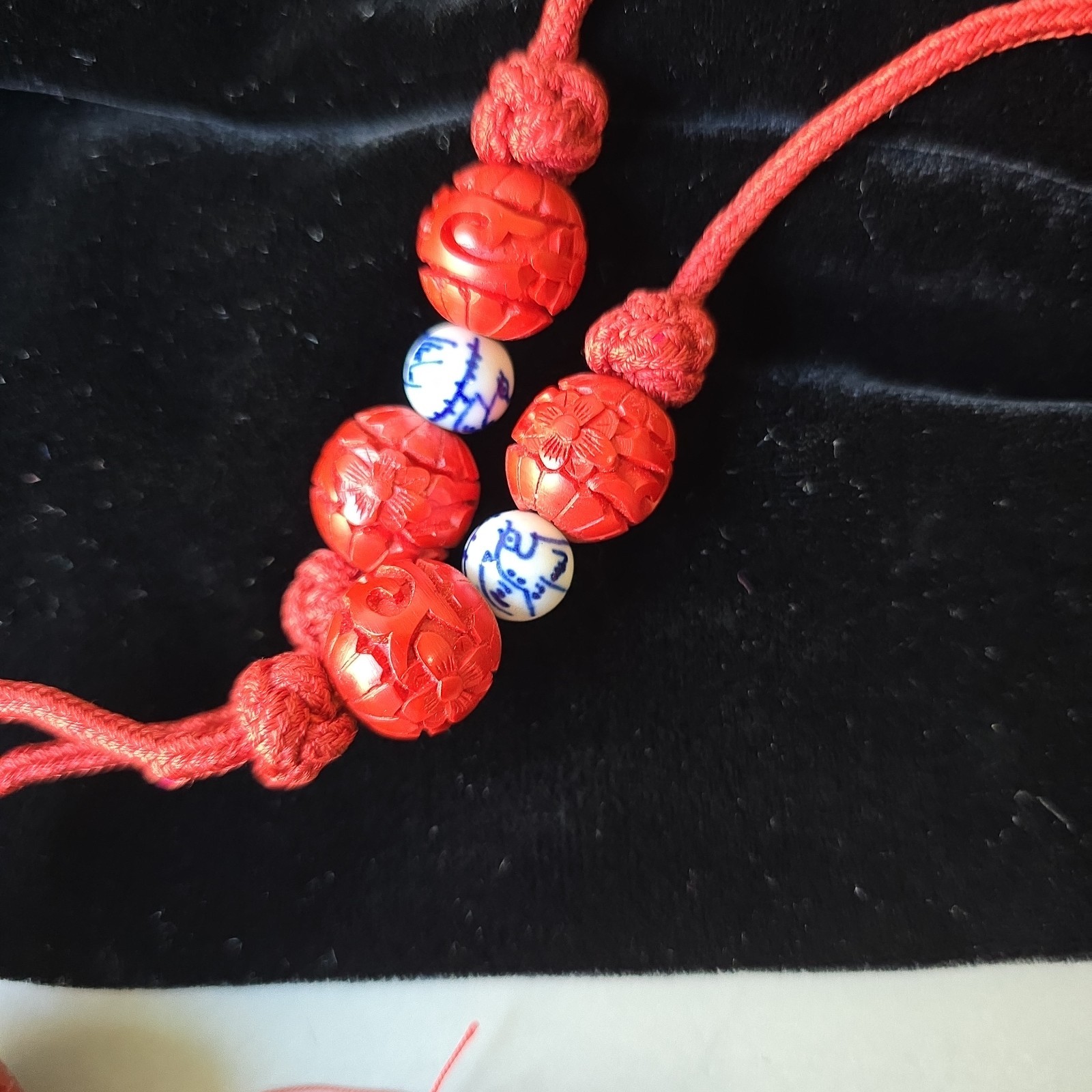 Vintage Asian Cinnabar Beads Red Cord Silk Tassel Necklace 28″L Pull On