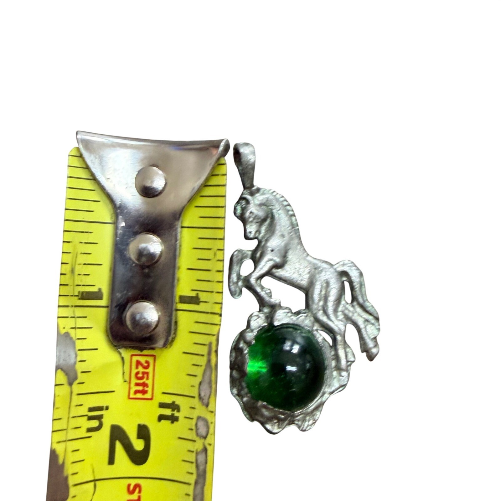 Vintage Pewter Unicorn Pendant Green Glass Orb Fantasy Mythical Silver Tone