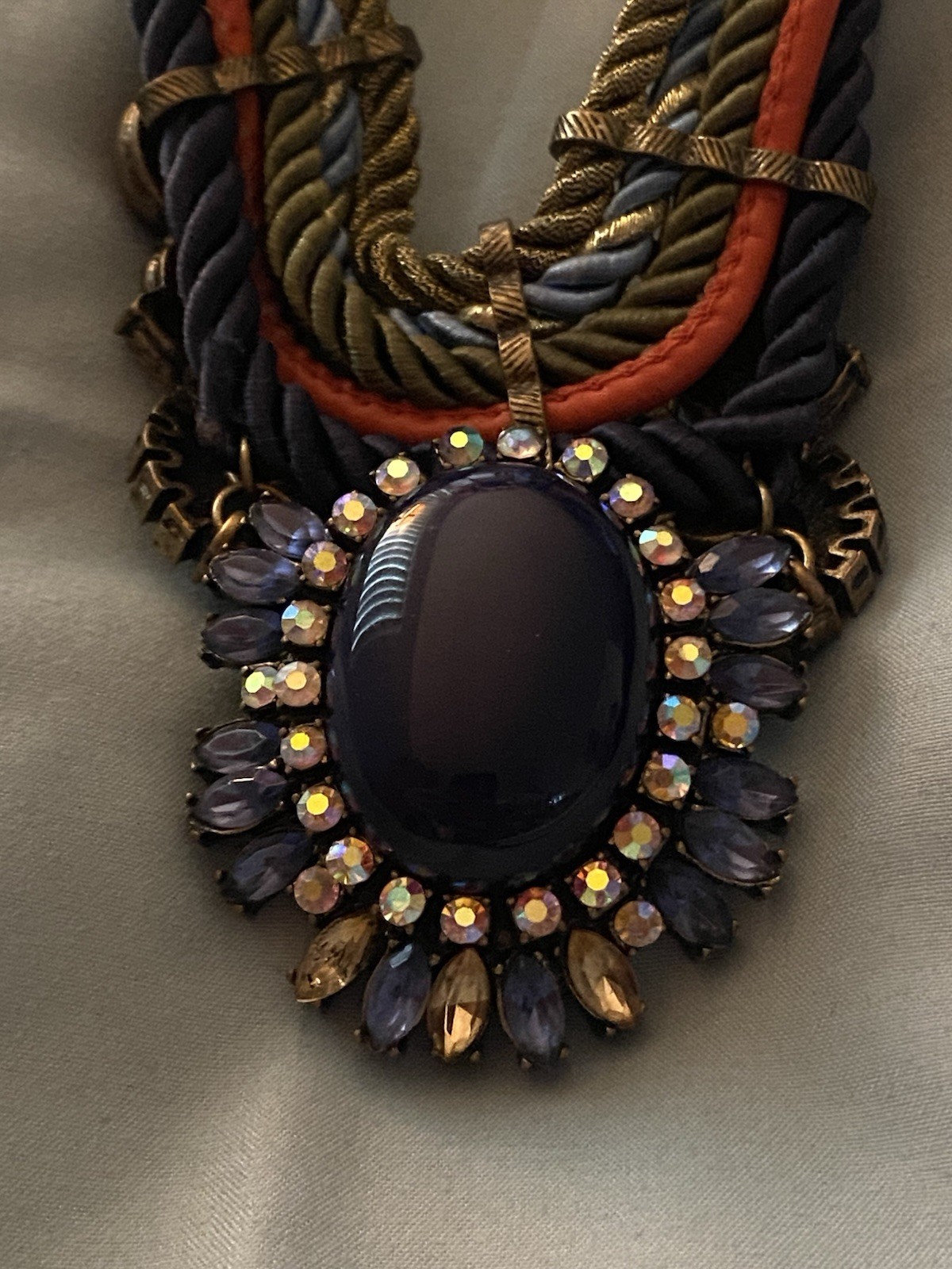 Vintage 18” Necklace Multi Rope Chain Large Pendant Blue Stone Rhinestones Boho