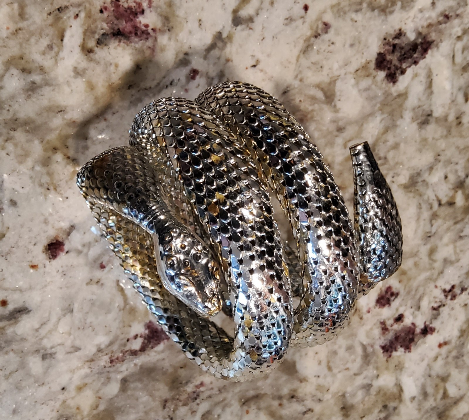 Vintage Whiting & Davis Unsigned Snake Bracelet Silver Tone Triple Wrap Mesh 🐍
