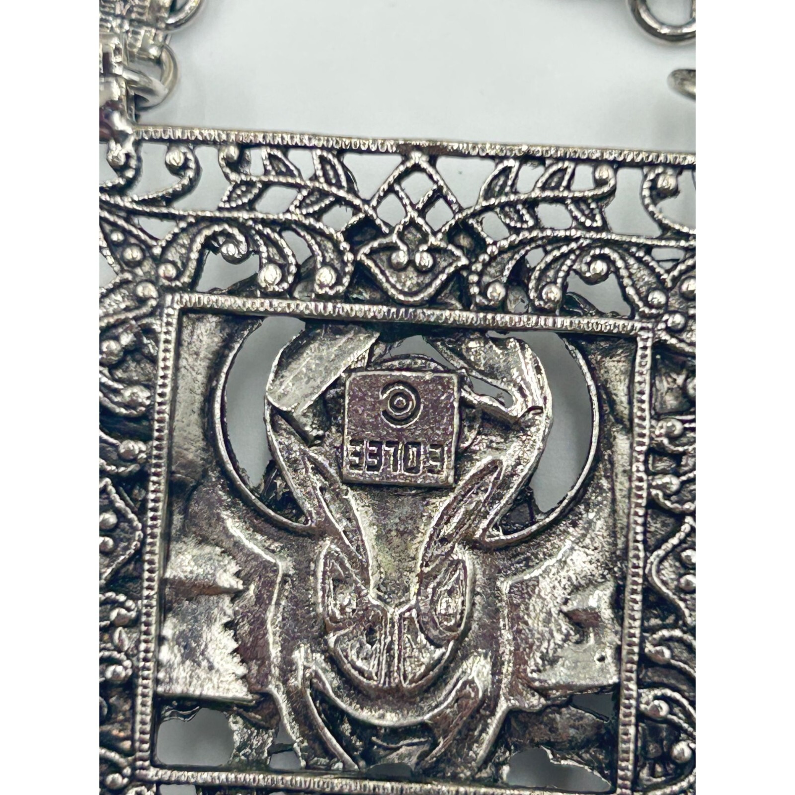 Signed EDLEE Vintage Necklace Silver Tone Dragons Ornate Bookchain Beads Dangles