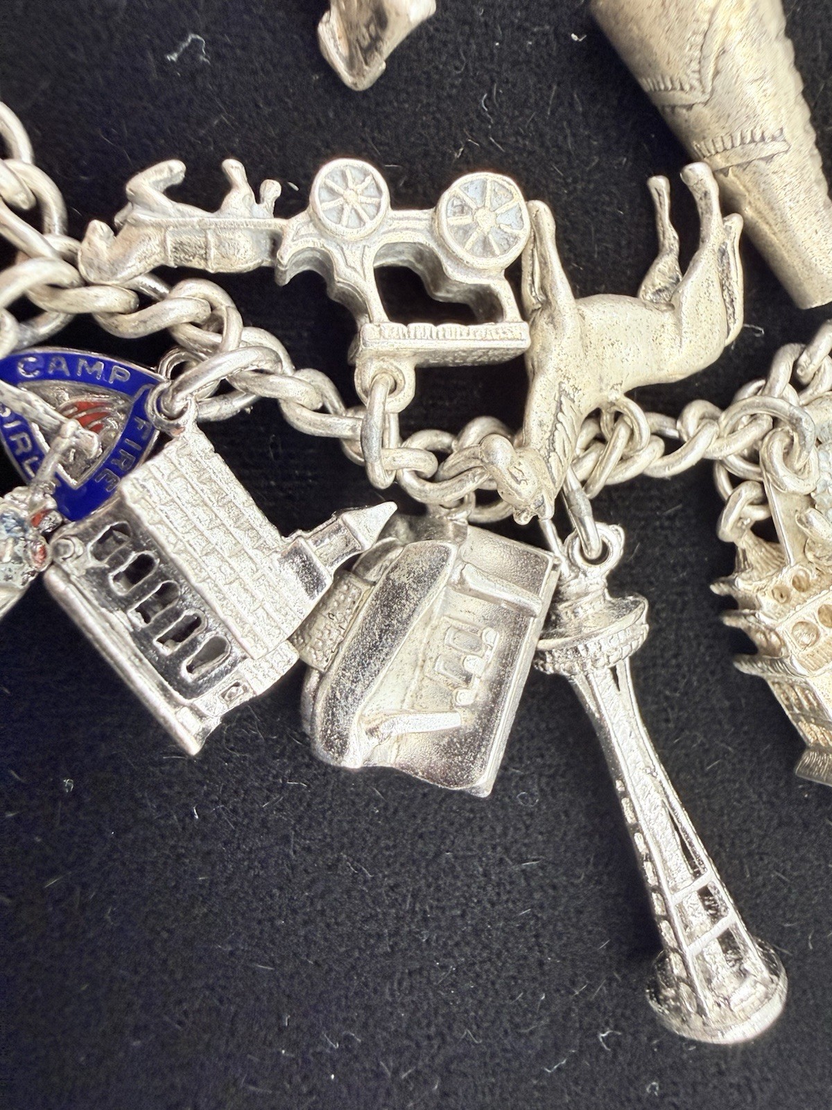 Vintage Sterling Silver 25 Charm Chunky Bracelet Some Mechanical 1960’s MCM 80gr
