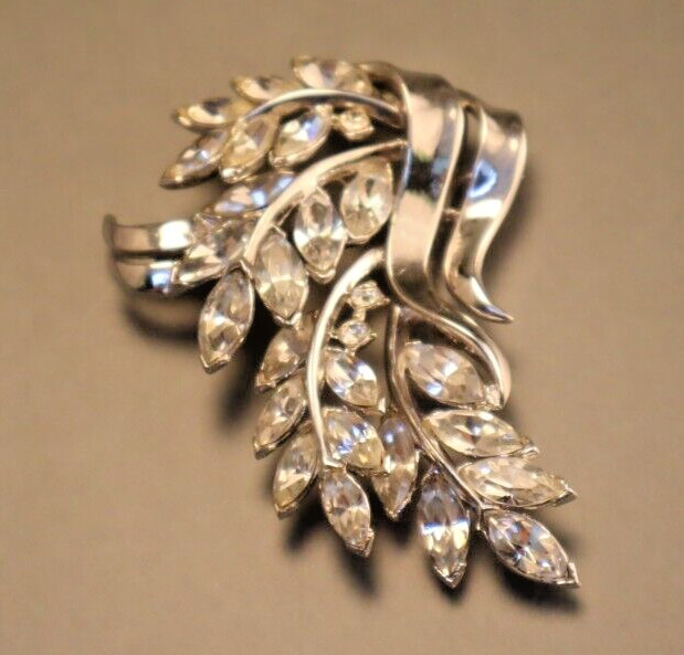 Vintage Trifari Pat Pend Rhinestone Cascading Bouquet Brooch Silver Pin