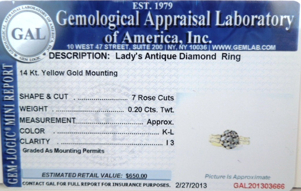 Antique Victorian Diamond . 20 ct 14kt Rose Cut Ring * GAL Appraisal*Gift Box