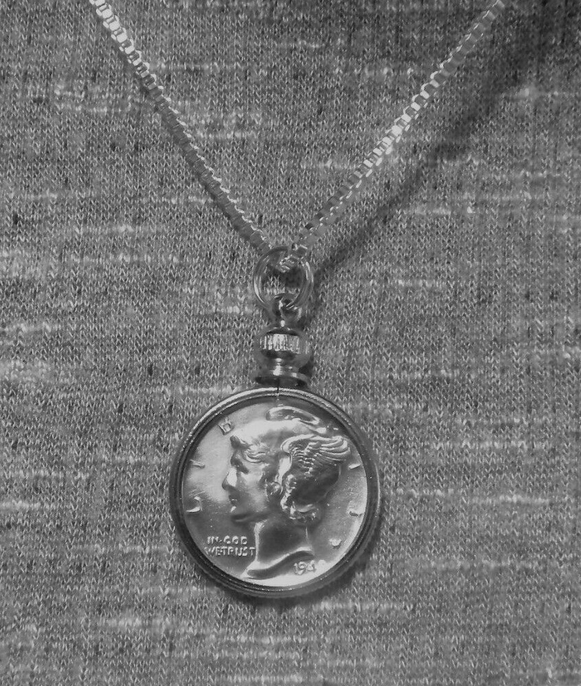 Coin Pendant Silver VINTAGE MERCURY DIME Bezel Sterling Silver Plated 18” Chain