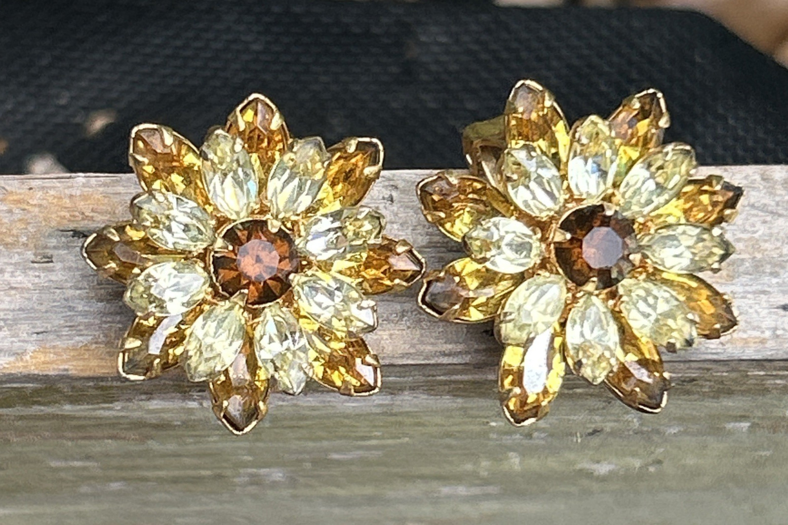 Vintage Kramer Of New York Brown & Gold Rhinestone Clip-On Earrings Gold Tone