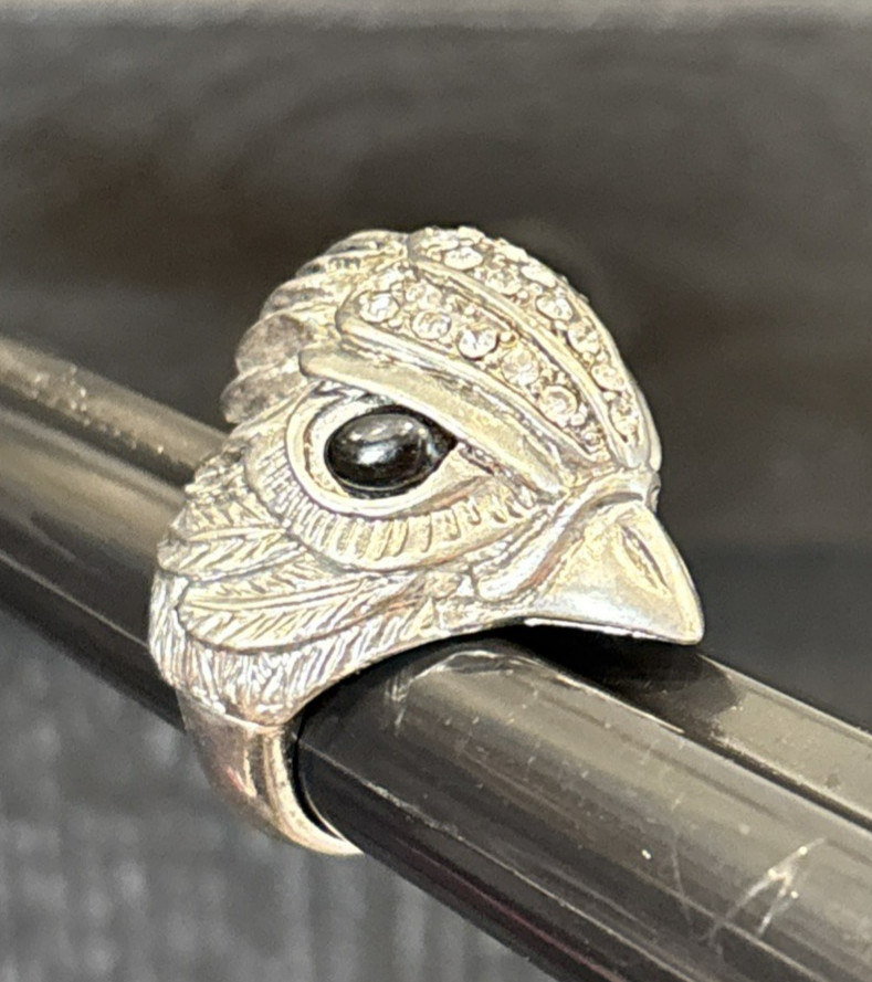 Silver Tone Statement Bird Head Ring Clear Rhinestones Faux Onyx Eyes Size 6.5