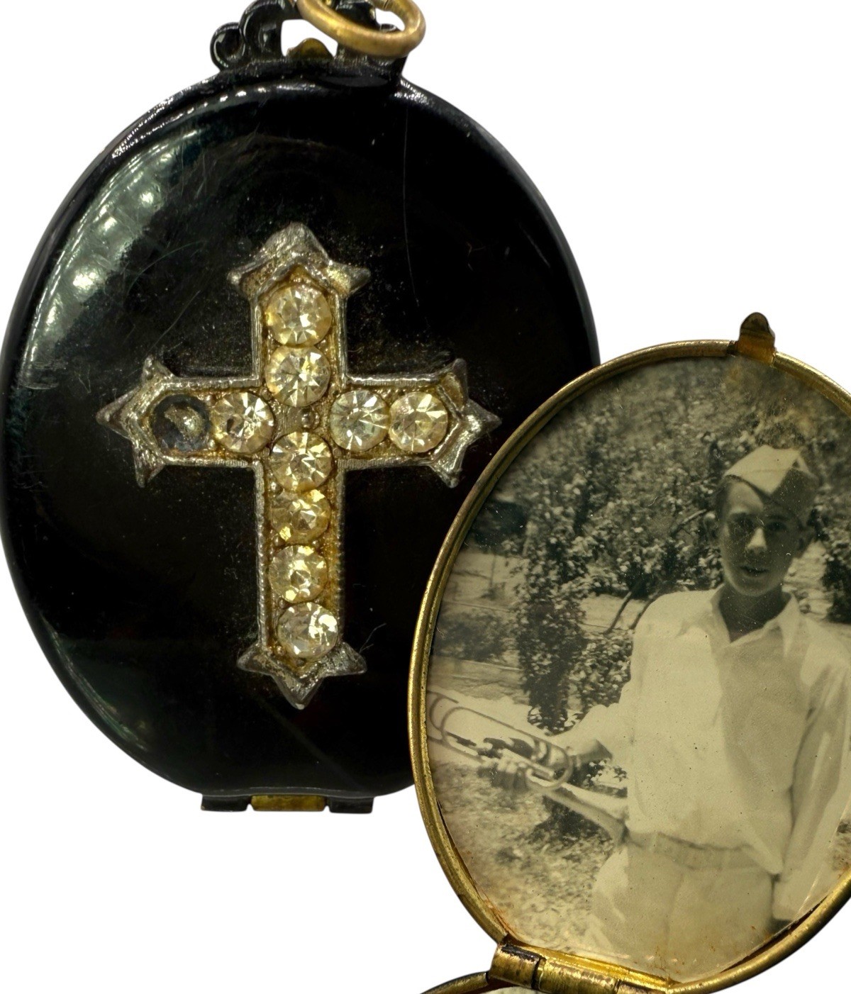 Vintage Victorian Revival Cross Black Photo Locket WWII Military Bugler Solider