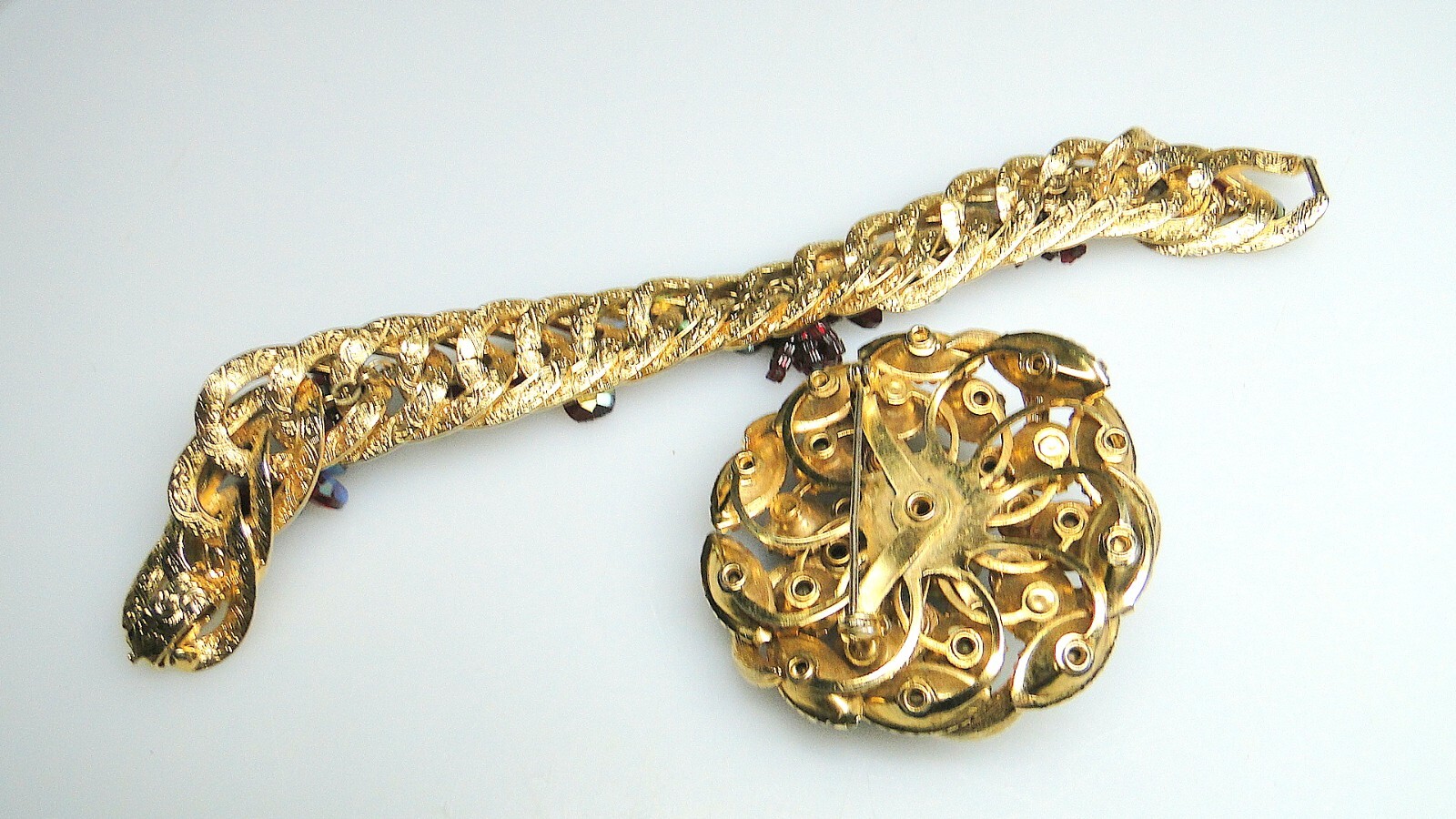 Vintage Red Rhinestone Pin & Ornate Crystal Bracelet Lot
