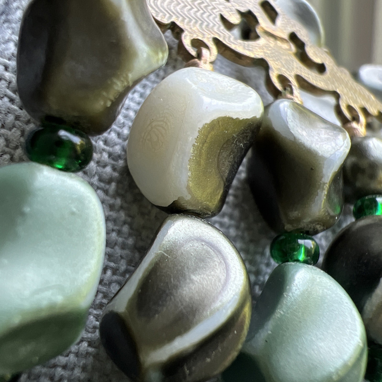 Rare Vintage 5 Strand Faux Stone Gray-Green Necklace; Beautiful!