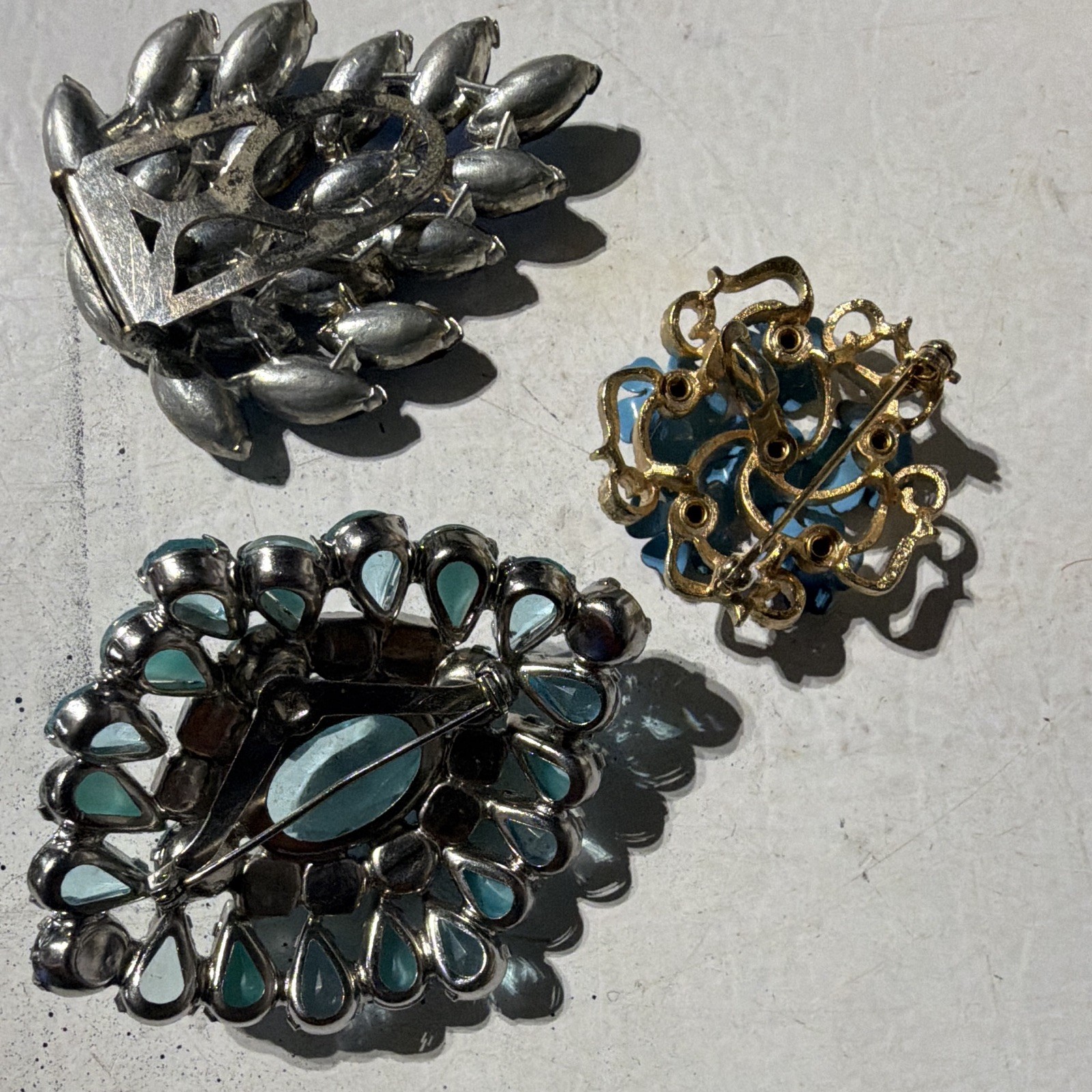 Vintage Blue Rhinestone Brooch & Pin Mixed Lot 3pc Metal Silver Gold Women’s