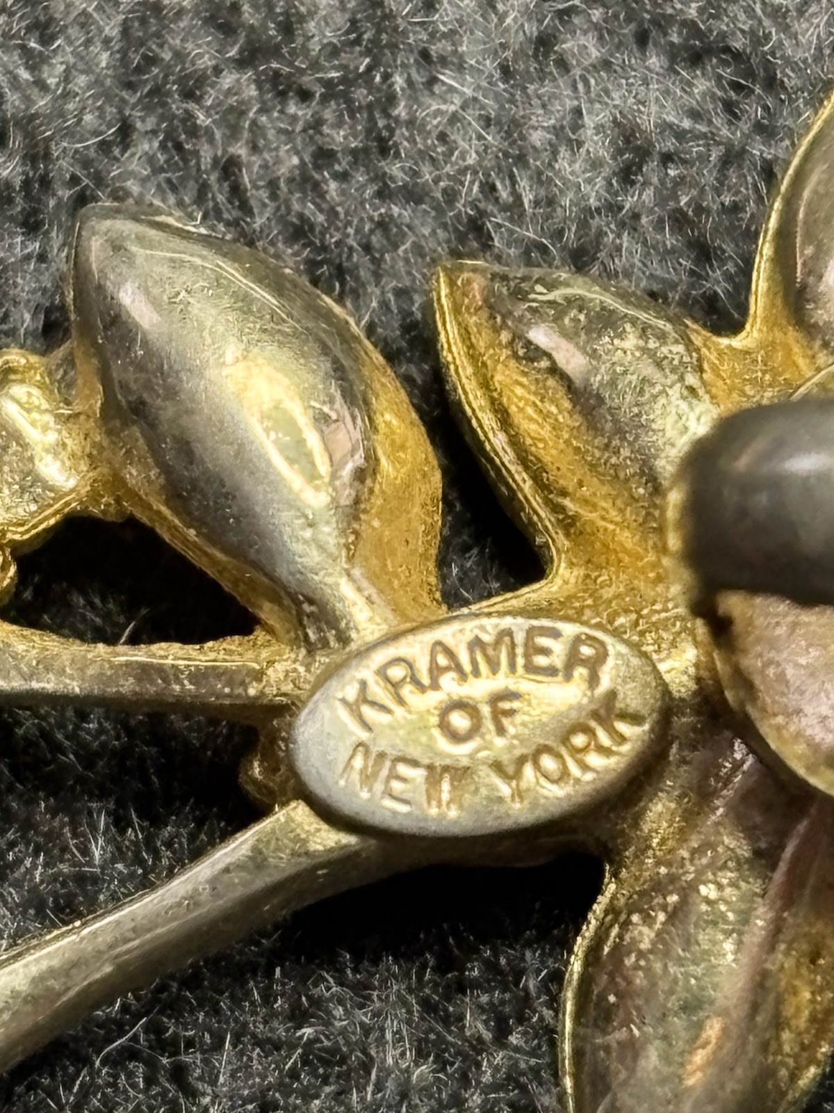 Kramer of New York Flower Earrings Gold Tone Green Marquise Cut Rhinestone Clip