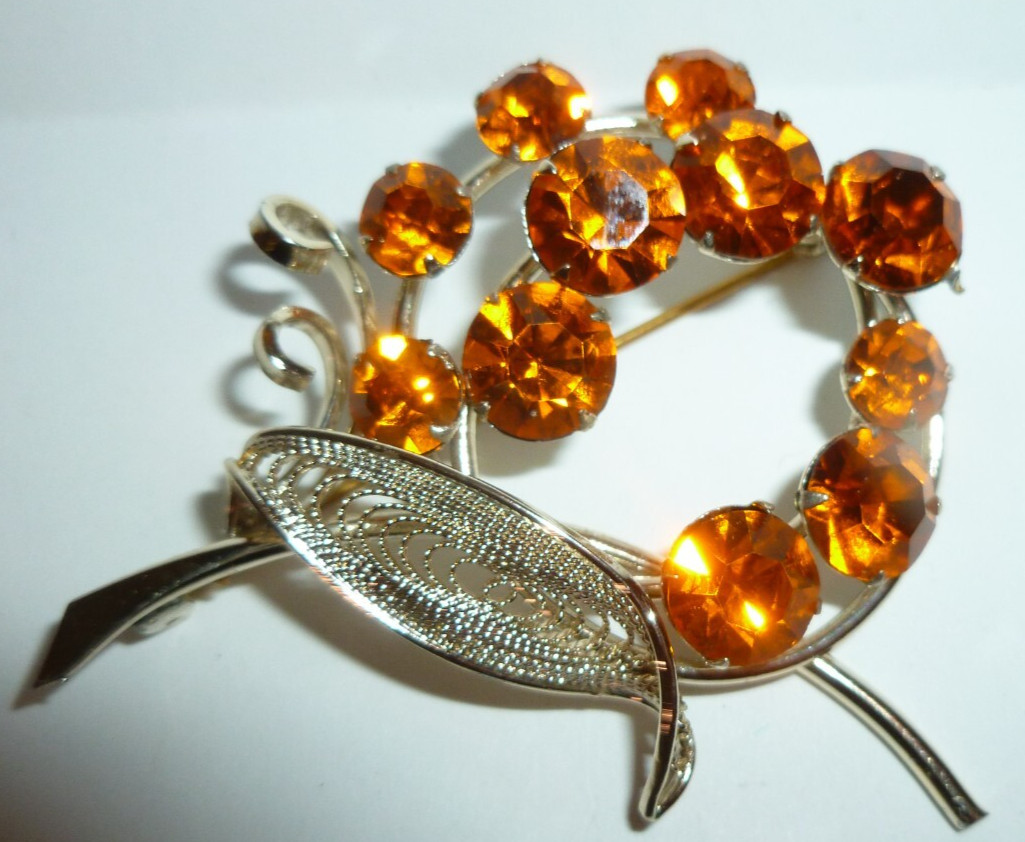 Vintage Faceted Rhinestone Leaf Brooch Silver Tone Filigree Branch Flower