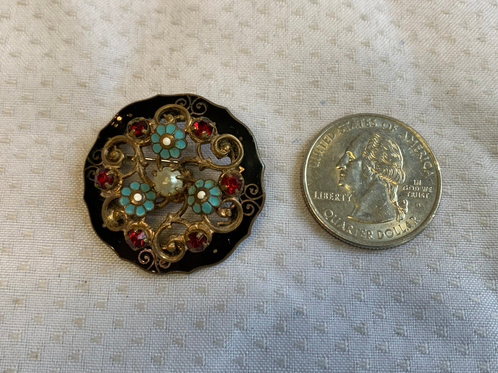 Vtg Enamel & Rhinestone Floral Brooch Fashion Jewelry Faux Pearl Round Pin