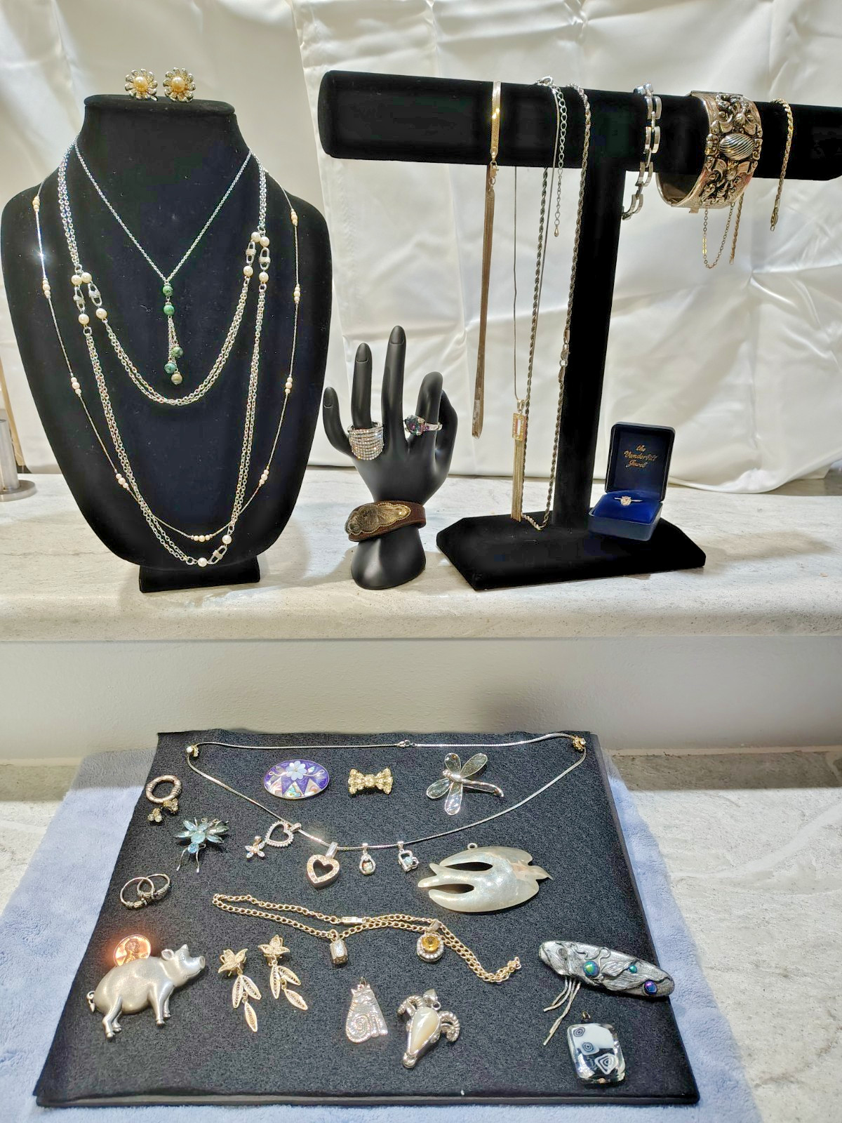 Striking Lot of 35+ Pieces Sterling and Silver Toned Vintage and Costume Jewelry