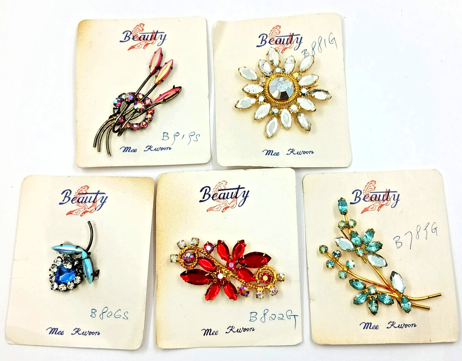 Vintage Beauty by Mee Kwoon Pin Brooch Lot Rhinestone Hand Crafted New Old Stock