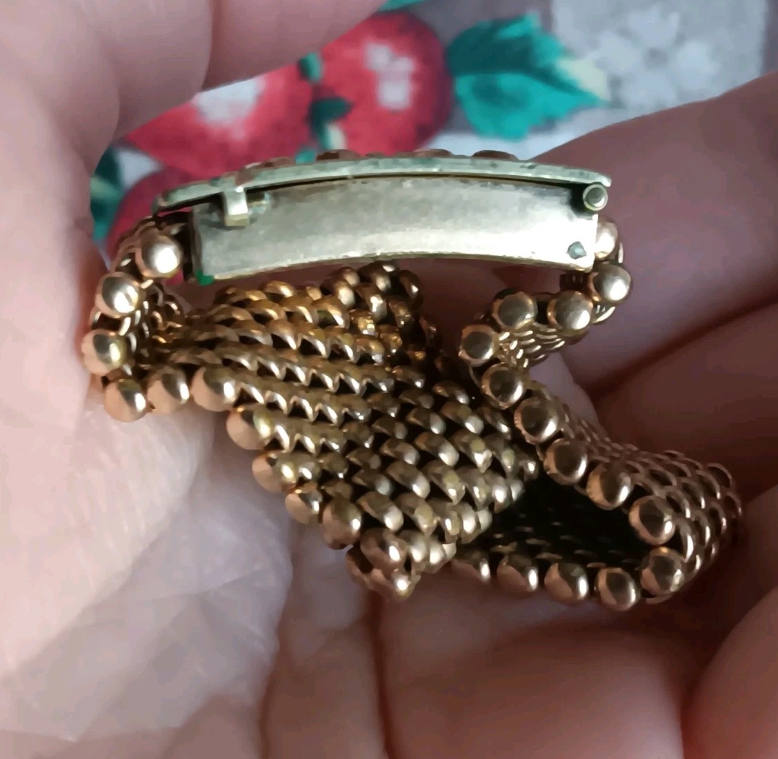 Antique *Damaged* Brass Mesh Link Bracelet Rectangle Clasp People Scene 7″