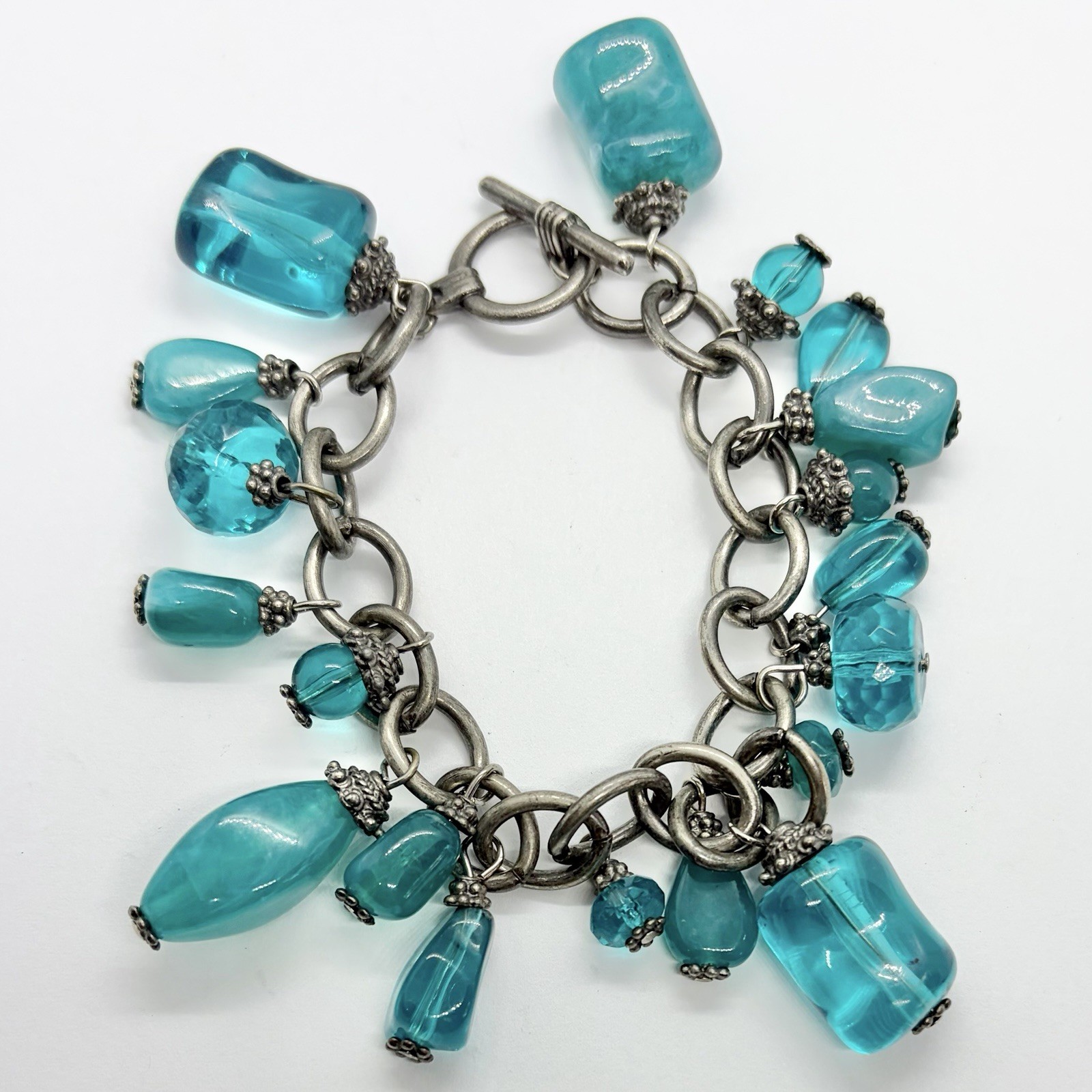 Vtg Bold Teal Resin Chunky Bead Charm Chain Cha Cha Statement Bracelet 7.5 Inch