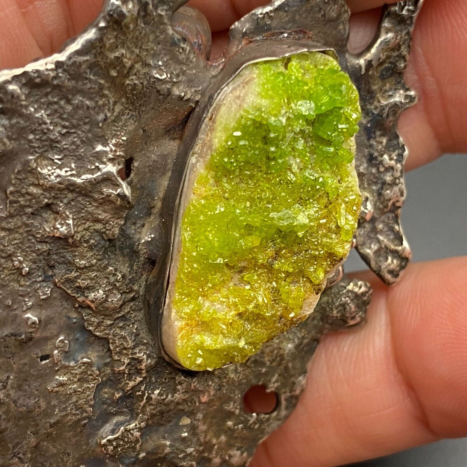 Vintage Brutalist Abstract Green Druzy Stone Silver Pendant