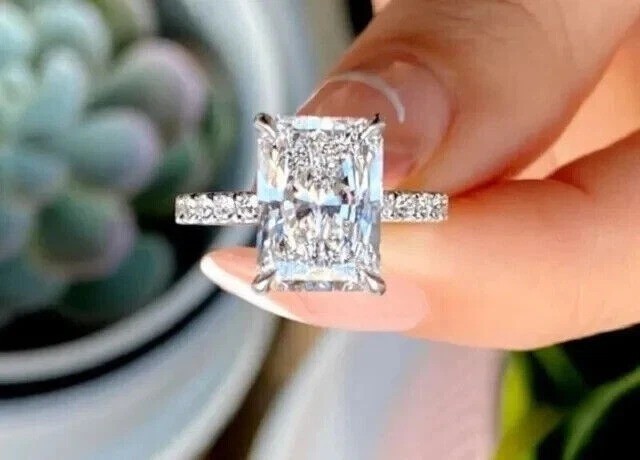 4Ct Emerald Cut Lab Created Diamond Engagement Womens 14K White Gold Finish Ring
